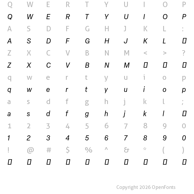 Character Map of Elza Text Trial Oblique
