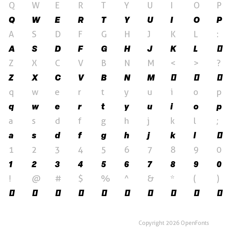 Character Map of Elza Trial Black Oblique