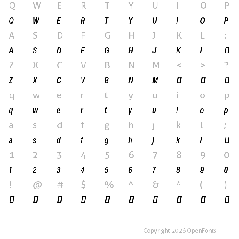 Character Map of Elza Trial Condensed Medium Oblique