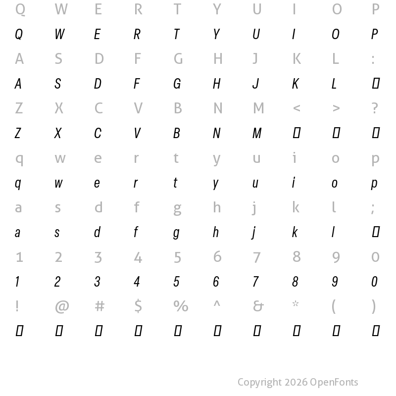 Character Map of Elza Trial Condensed Oblique