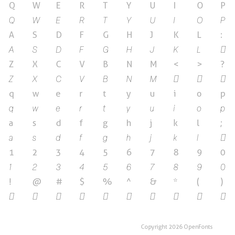 Character Map of Elza Trial Thin Oblique