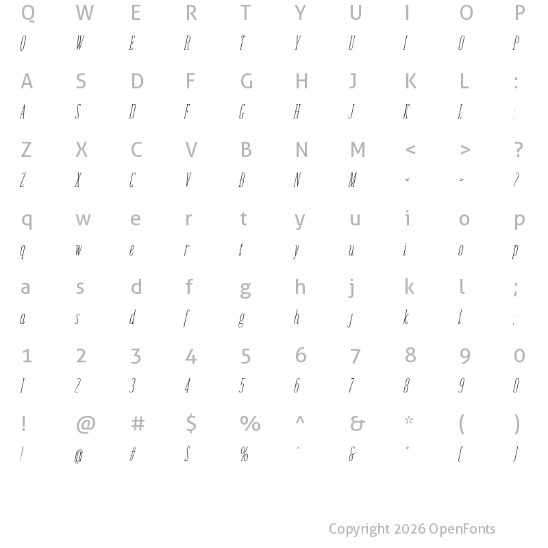 Character Map of Emberly Thin Condensed Italic