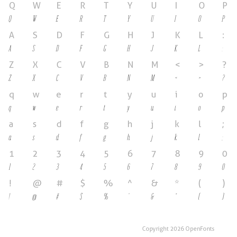 Character Map of Emberly Thin Narrow Italic