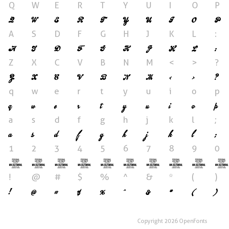 Character Map of Emiral Script Bold PERSONAL USE Regular