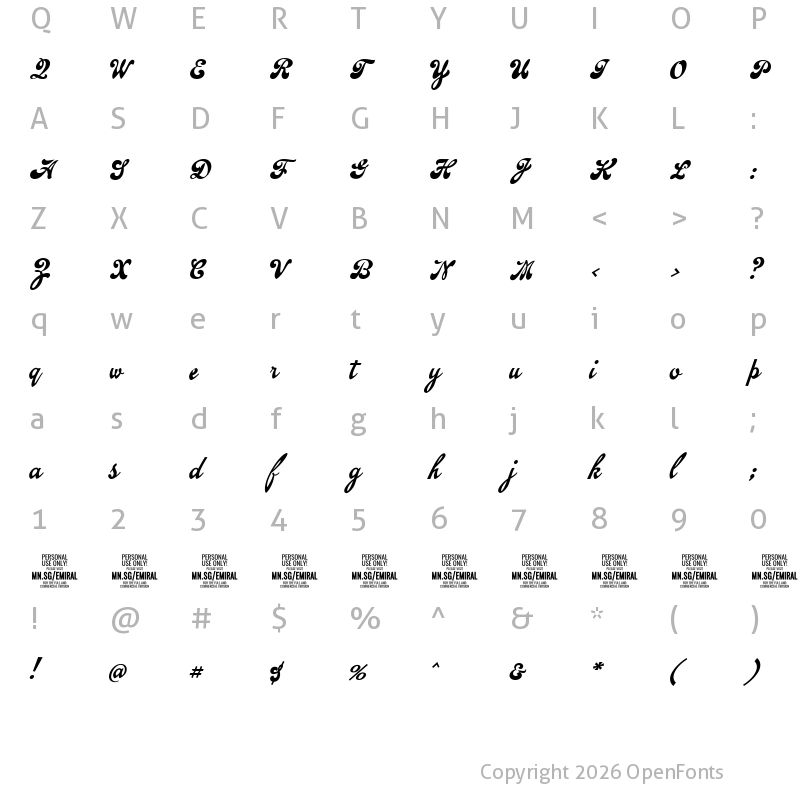 Character Map of Emiral Script PERSONAL USE Regular
