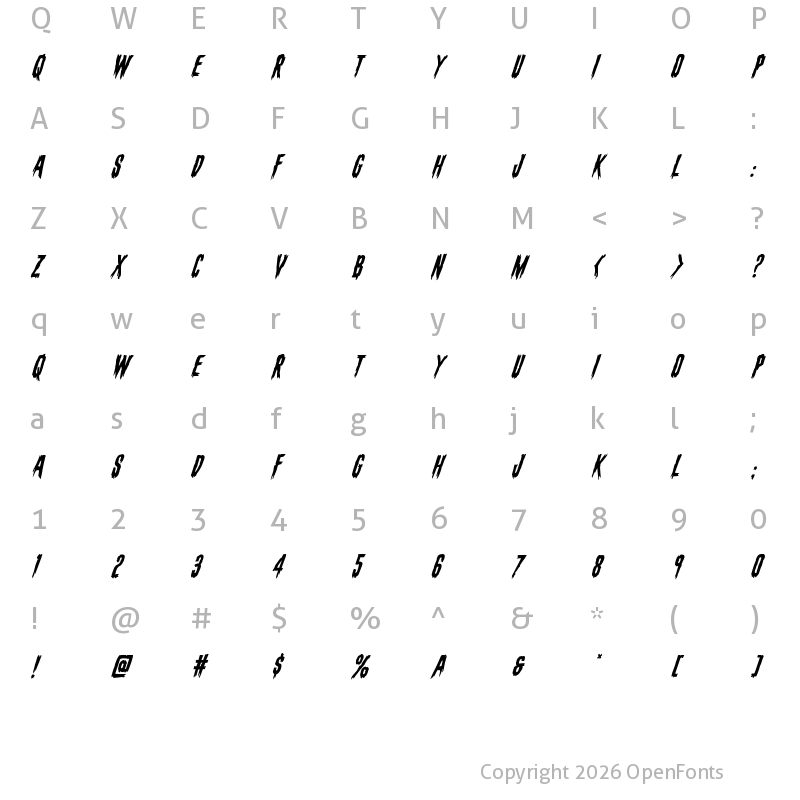 Character Map of Eva Fangoria Super-Italic Italic