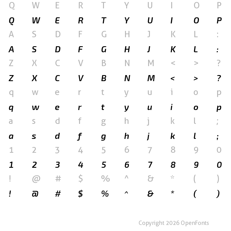 Character Map of Ezarion Semi Bold Italic
