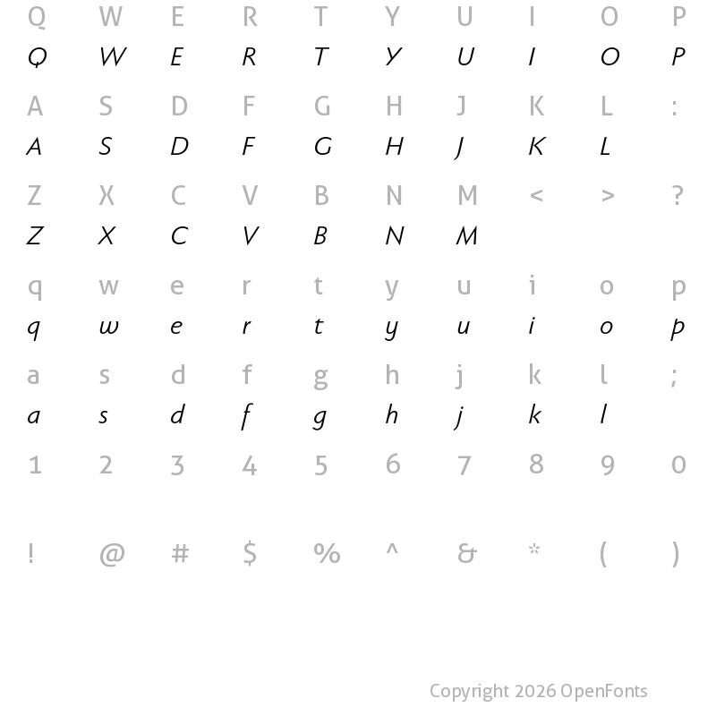 Character Map of Faber Sans Pro reduced 56 Normal Kursiv