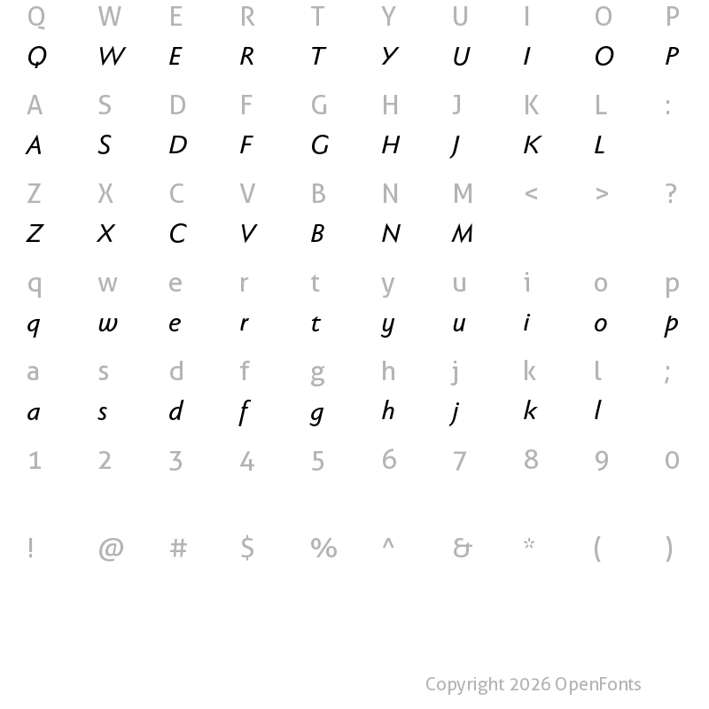 Character Map of Faber Sans Pro reduced 66 Kraeftig Kursiv