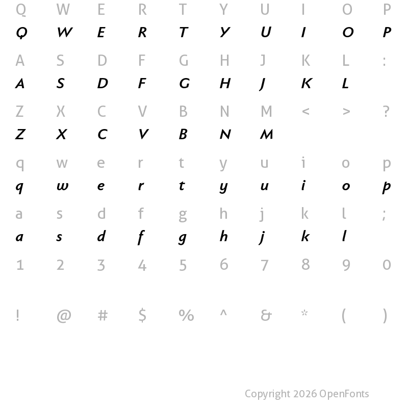 Character Map of Faber Sans Pro reduced 76 Halbfett Kursiv