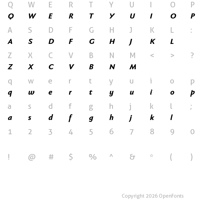 Character Map of Faber Sans Pro reduced 86 Schwer Kursiv