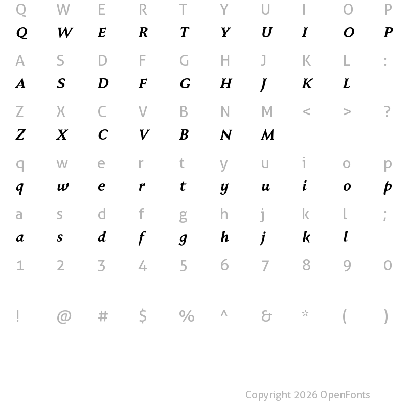 Character Map of Faber Serif Reduced 76 Halbfett Kursiv