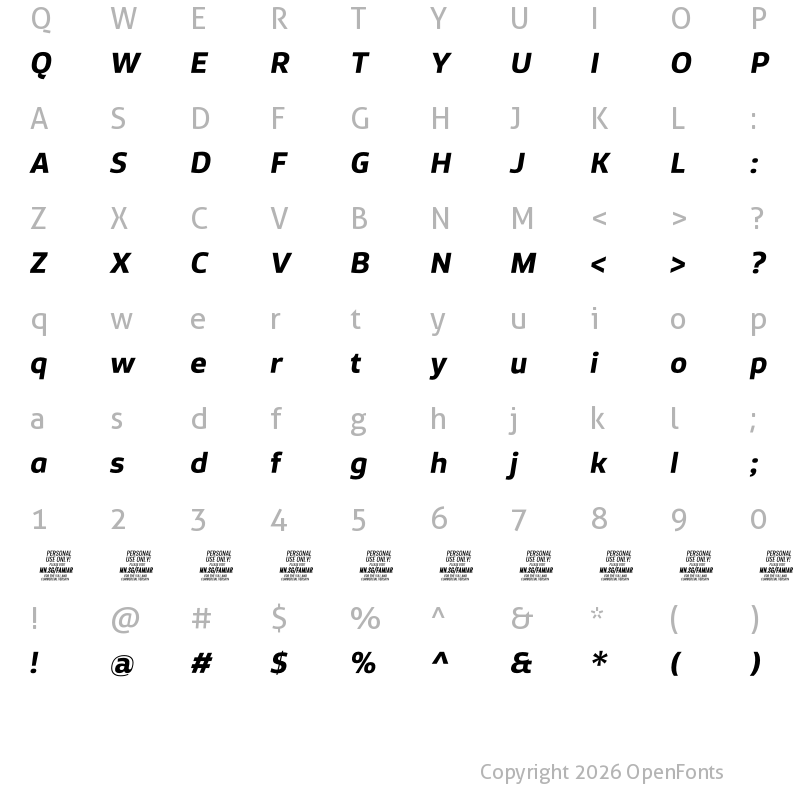 Character Map of Famiar PERSONAL USE ONLY Bold Italic