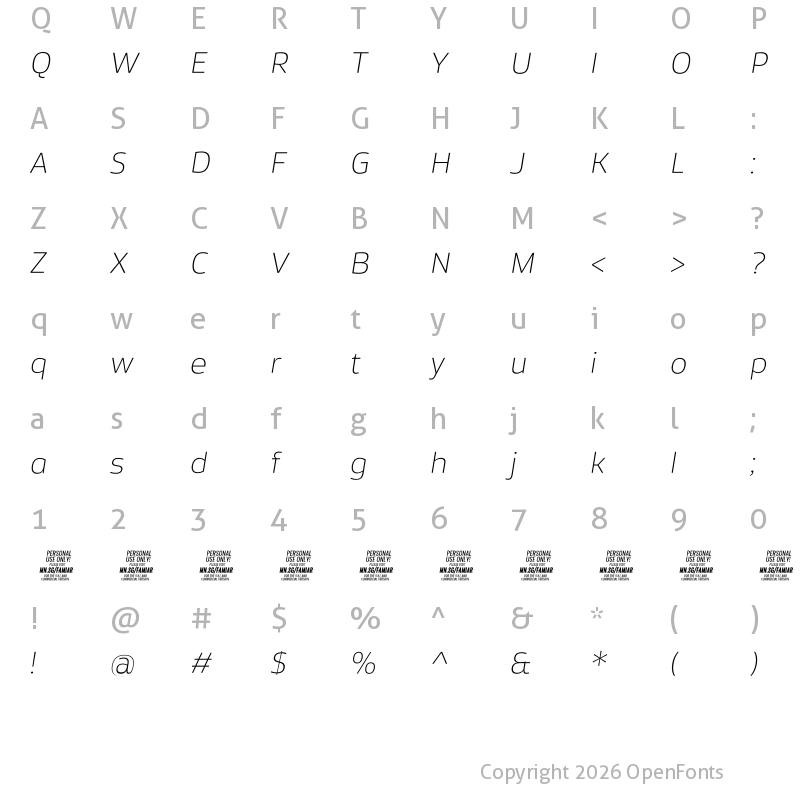 Character Map of Famiar PERSONAL USE ONLY ExtraLight Italic