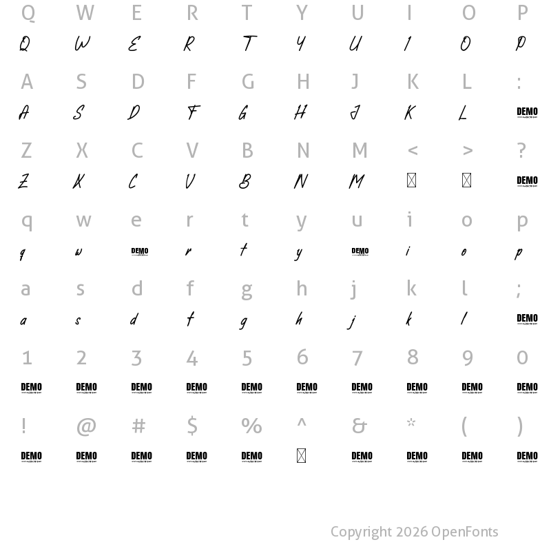 Character Map of Febiola - DEMO FONT Regular