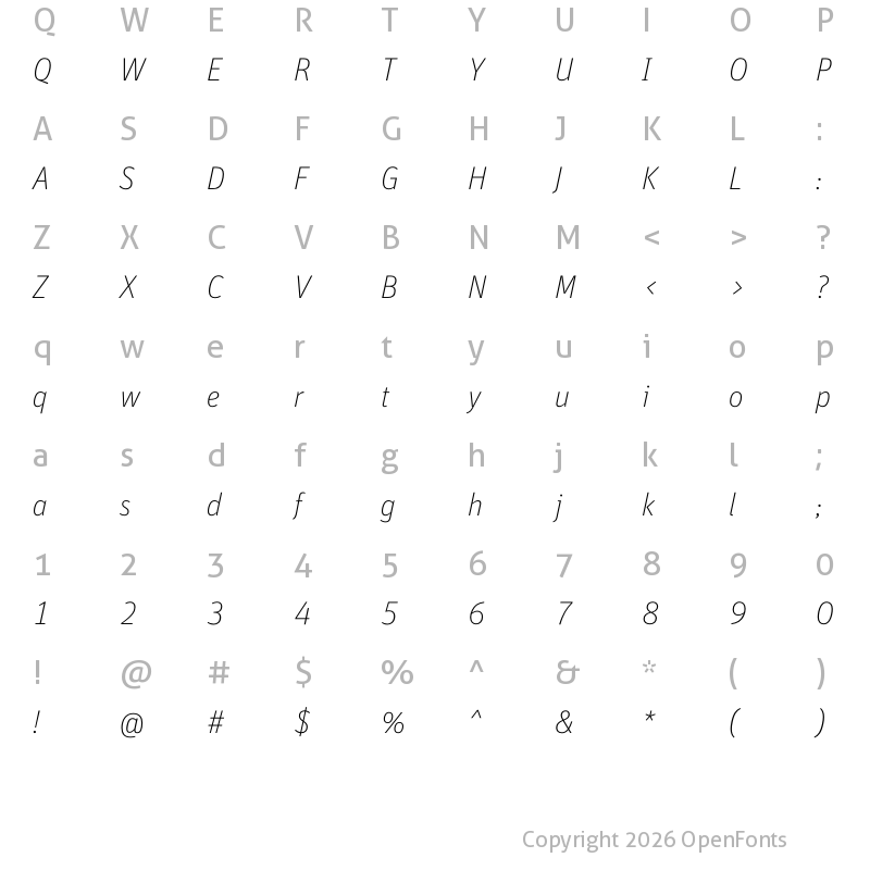 Character Map of FF Unit Pro Thin Italic