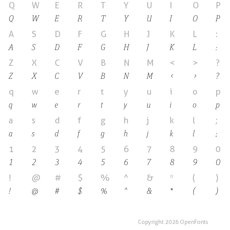 Character Map of FF Unit Slab Pro Thin Italic