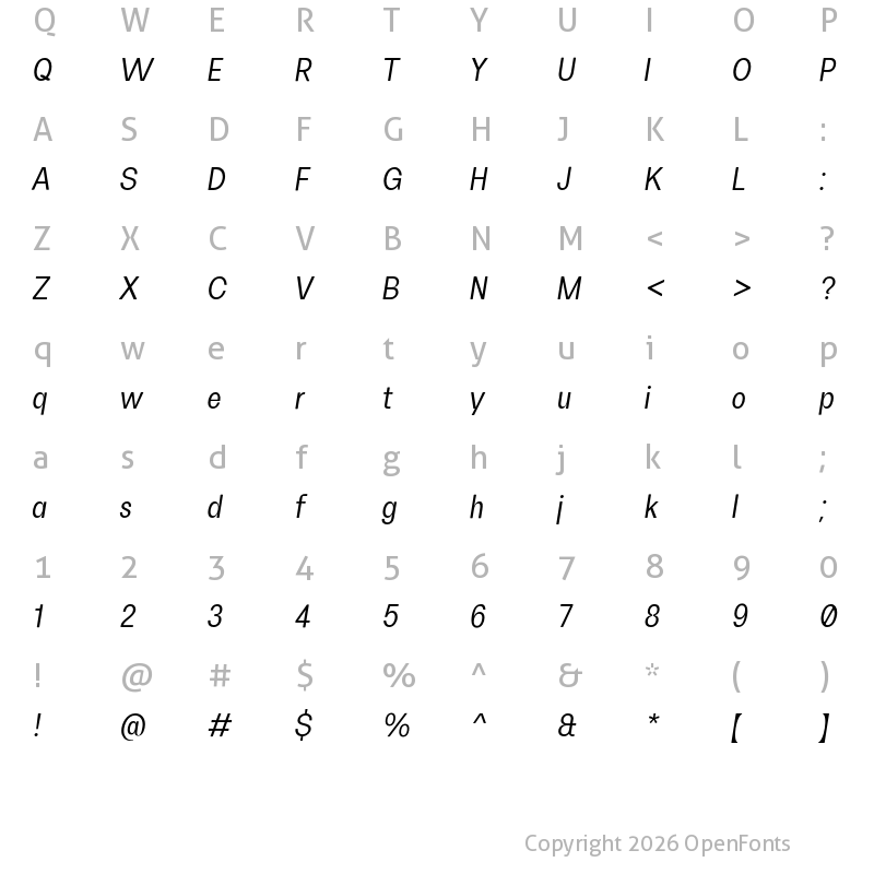 Character Map of FH Oscar Condensed Test Regular Italic