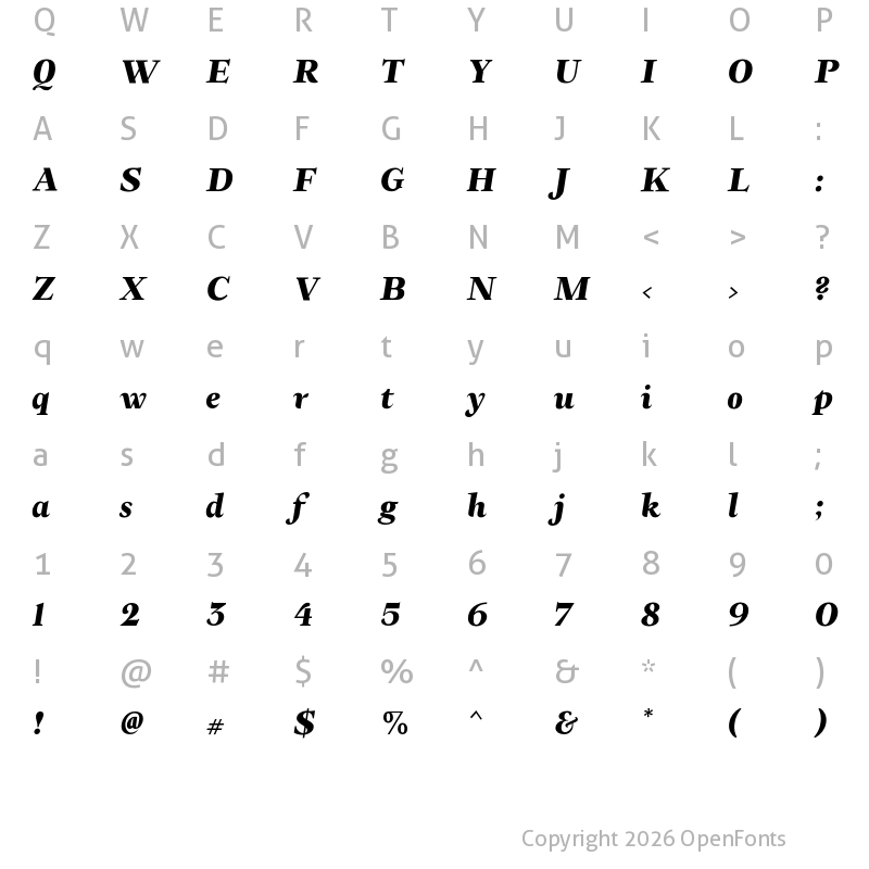 Character Map of FH Phemister Test Bold Italic