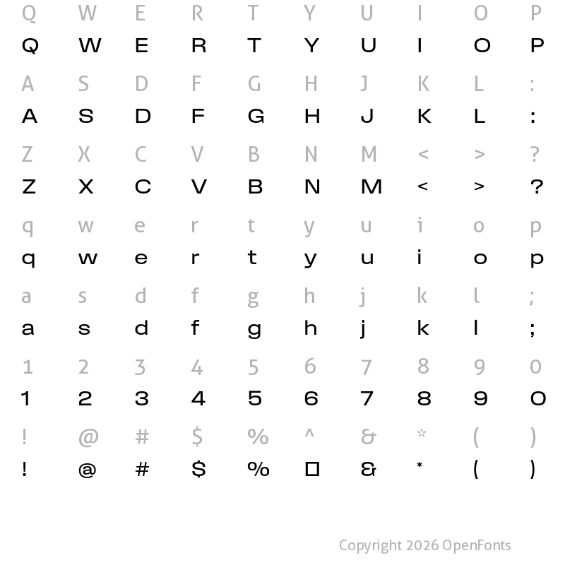 Character Map of Field Gothic No.72 Reg Wide