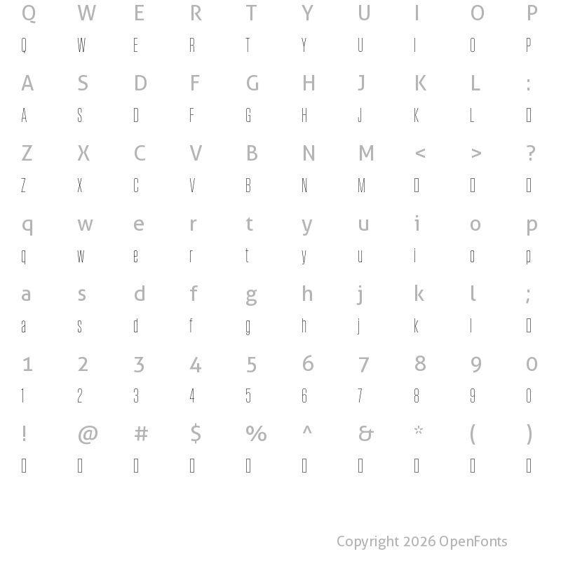 Character Map of Field Gothic TEST No.20 XLight XXCond