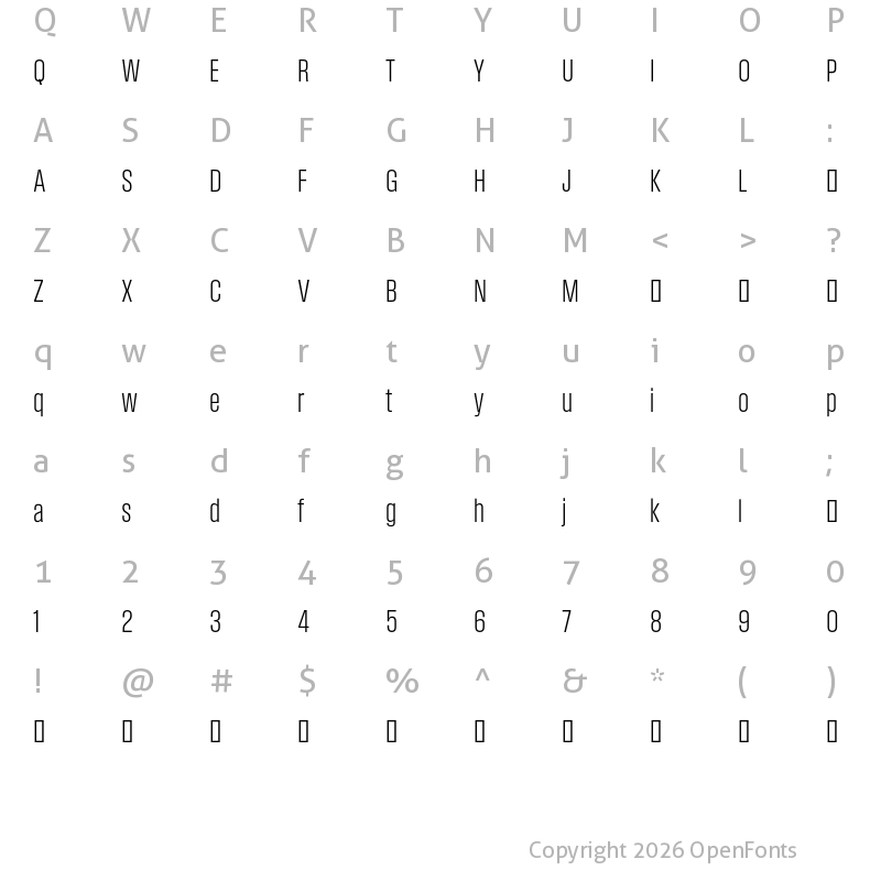 Character Map of Field Gothic TEST No.31 Light XCond