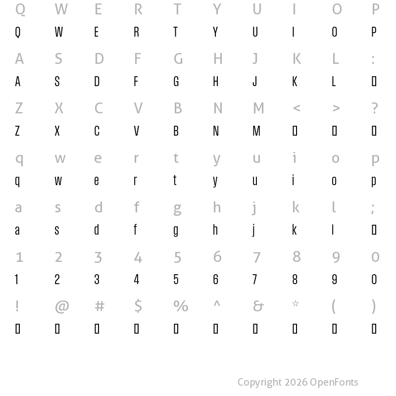 Character Map of Field Gothic TEST No.32 Reg XCond