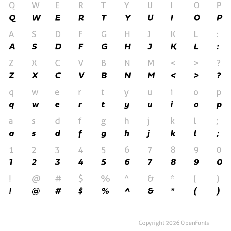 Character Map of Fieldwork Italic Bold