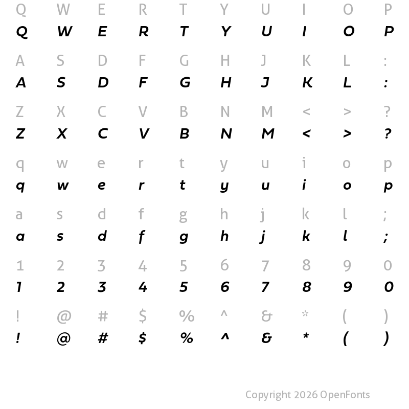 Character Map of Fieldwork Italic DemiBold