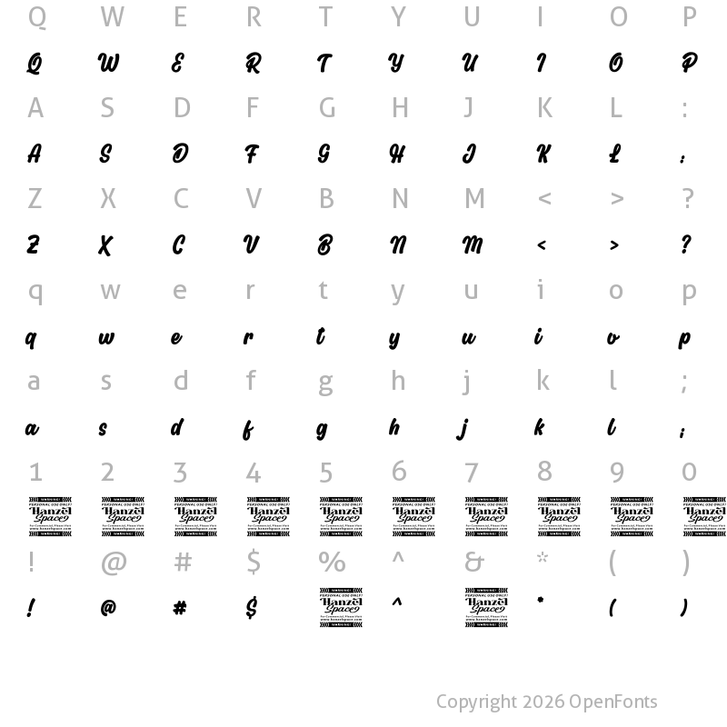 Character Map of Flicker Calligraphy Regular