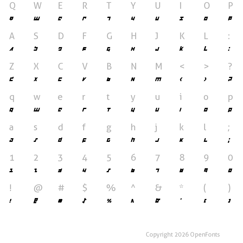 Character Map of Flight Corps Condensed Italic Condensed Italic