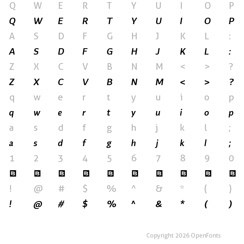 Character Map of Flinders Trial Semi Bold Italic