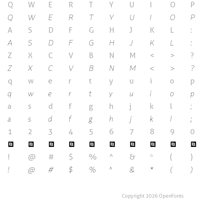 Character Map of Flinders Trial Thin Italic