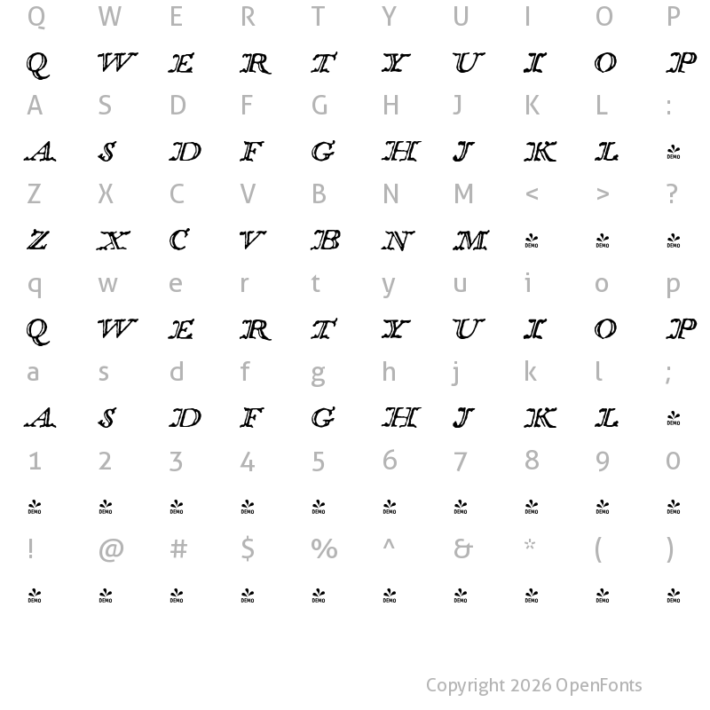 Character Map of FONTSPRING DEMO - 1741 Financiere Titl Italic