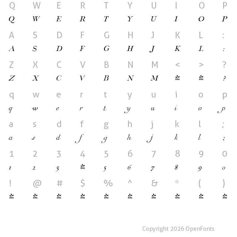 Character Map of FONTSPRING DEMO - 1751 GLC Copperplate Italic