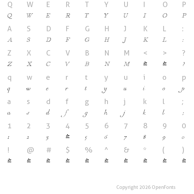 Character Map of FONTSPRING DEMO - 1751 GLC Copperplate Outline Italic