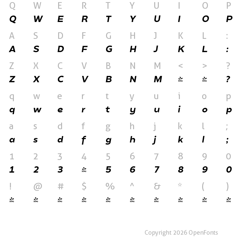 Character Map of FONTSPRING DEMO - 800 Matahari ExtraBold Bold Italic