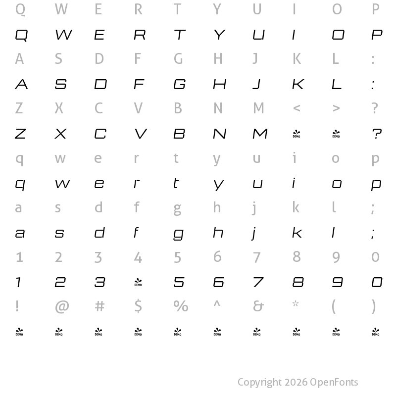 Character Map of FONTSPRING DEMO - 946 Latin Wide 2 Italic