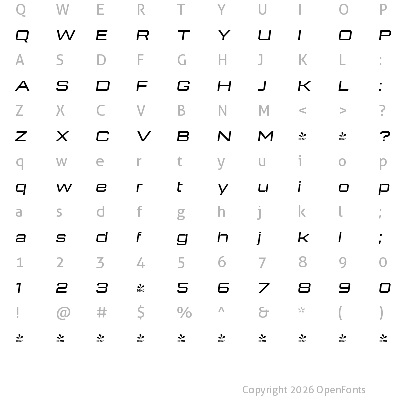 Character Map of FONTSPRING DEMO - 946 Latin Wide 3 Italic