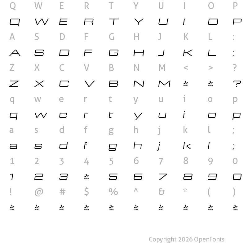 Character Map of FONTSPRING DEMO - 946 Latin XWide 2 Italic