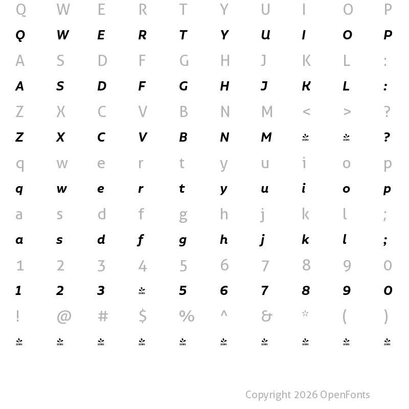 Character Map of FONTSPRING DEMO - Aalto Sans Pro SemiBold It Regular