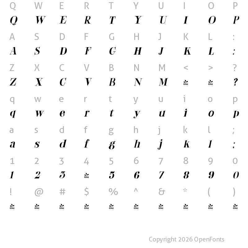 Character Map of FONTSPRING DEMO - Abeille Italic