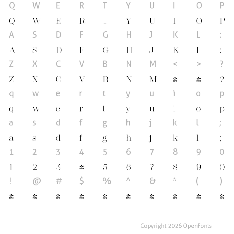 Character Map of FONTSPRING DEMO - ABSerif Thin Regular