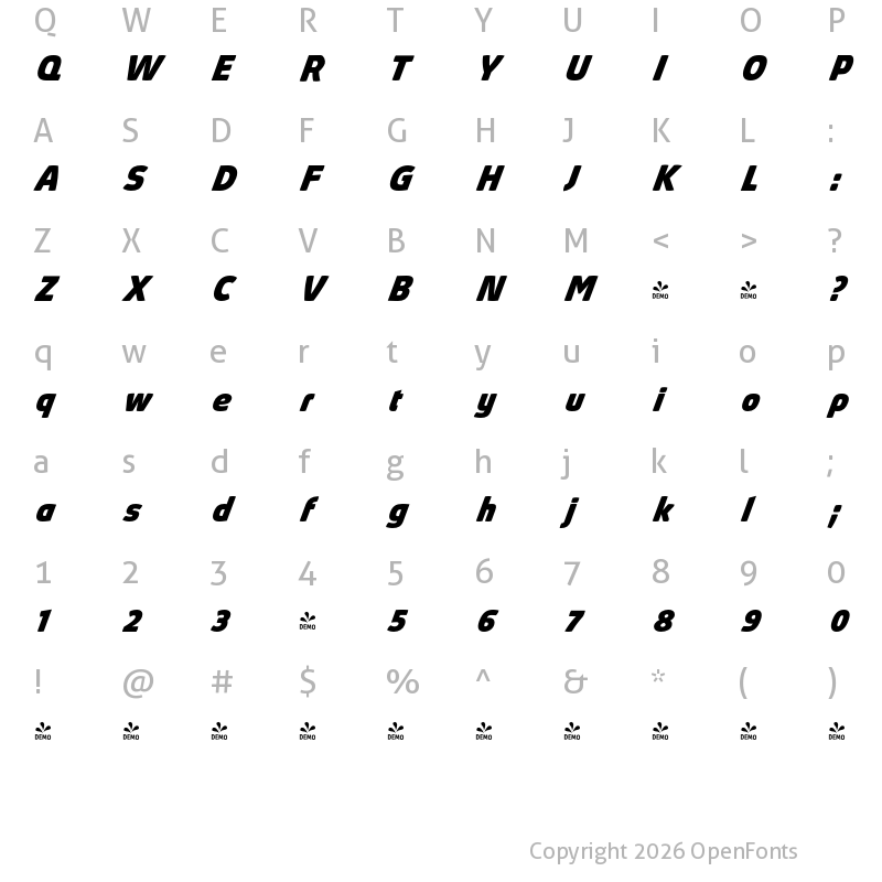 Character Map of FONTSPRING DEMO - Absolut Pro ExtraBold Bold Italic