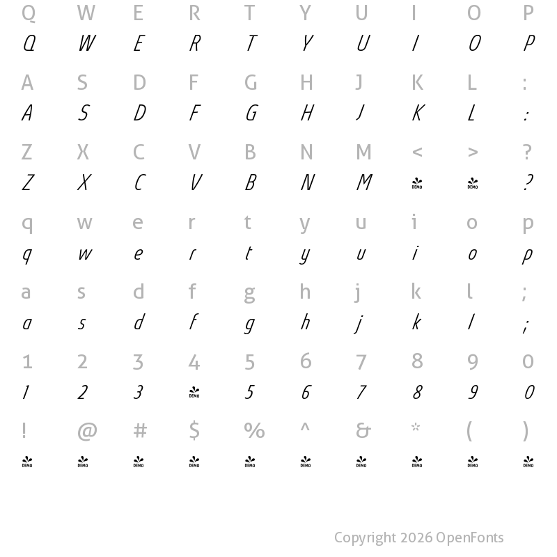 Character Map of FONTSPRING DEMO - Absolut Pro ExtraLight Condensed Italic