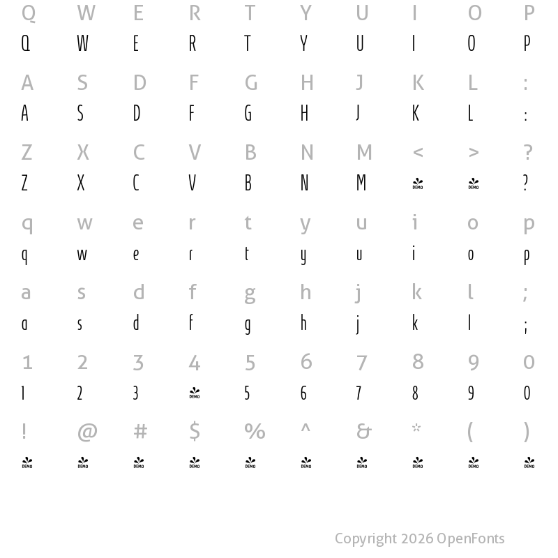 Character Map of FONTSPRING DEMO - Absolut Pro ExtraLight UltraCondensed Regular