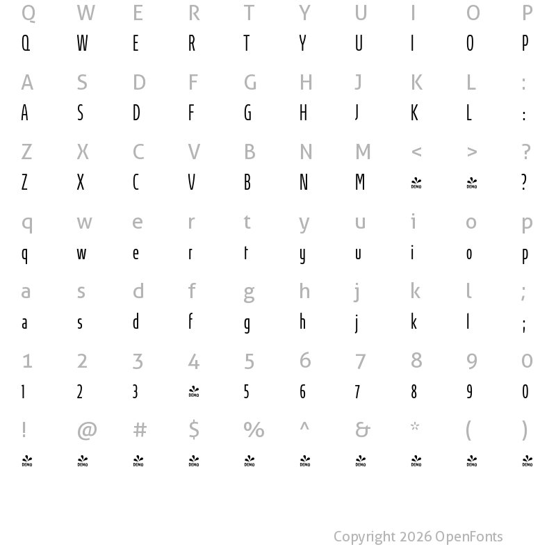 Character Map of FONTSPRING DEMO - Absolut Pro Light UltraCondensed Regular