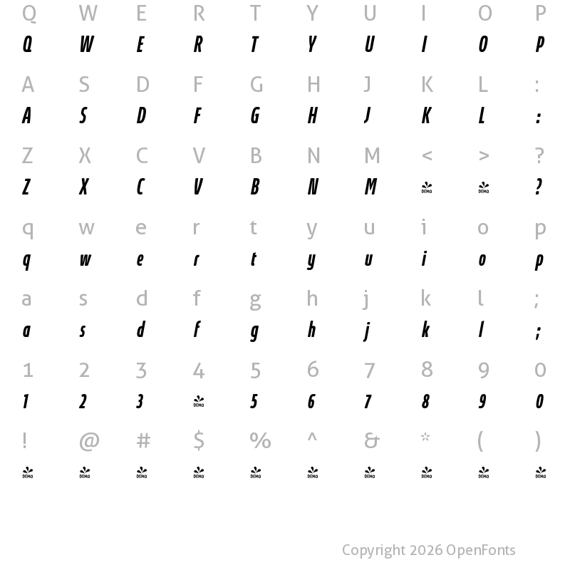 Character Map of FONTSPRING DEMO - Absolut Pro Medium UltraCondensed Italic