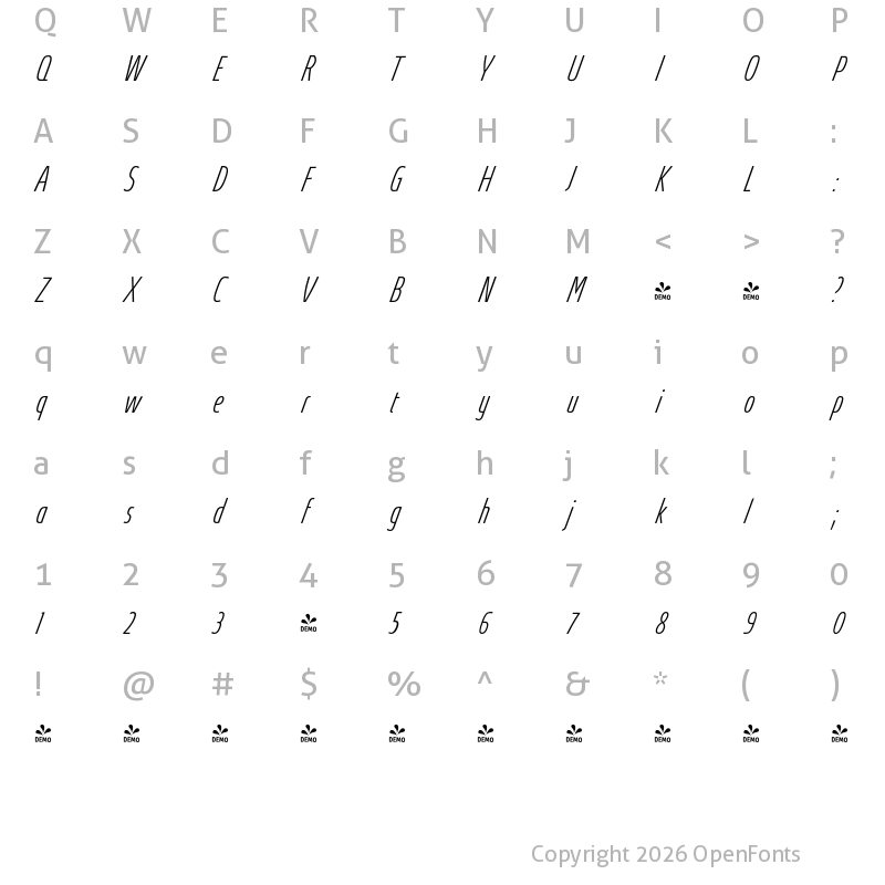 Character Map of FONTSPRING DEMO - Absolut Pro Thin UltraCondensed Italic