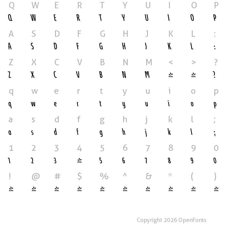 Character Map of FONTSPRING DEMO - Absolut Pro UltraCondensed Italic